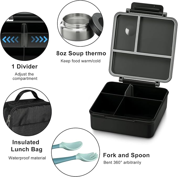 Bento Lunch Box for Kids with 8oz Soup Thermo&Lunch Bag, Leak-Proof Lunch Food Containers with 4 Compartment, Hot Food Insulated Food Jar for Kids School (Black)