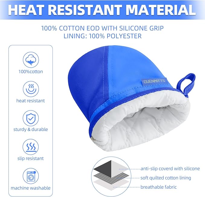 Mini Oven Mitts, Kitchen Oven Gloves Kitchen Mittens 500 Degrees Heat Resistant Baking Gloves, Non-Slip Silicone Surface with Hanging Loops Hot Gloves for Cooking, Baking, BBQ 1 Pair-Blue