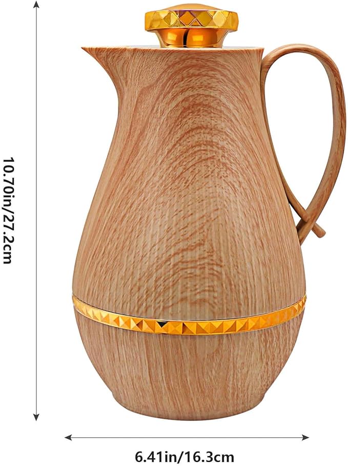 Insulated Thermal Coffee Carafe, 33 oz, Luxury Arabic-Style Insulated Carafe Flask, Coffee Tea Pot, with Spout and Glass Liner for Hot Cold Water, Housewarming Ornaments (Wood Color)