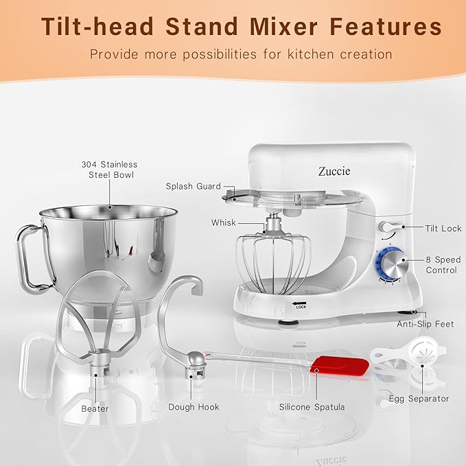 Stand Mixer, Zuccie 4.8QT Kitchen Electric Stand Mixer, 380W Motor Power Food Mixer, 8+P-Speed Dough Mixer with Dough Hook, Wire Whip & Beater, White
