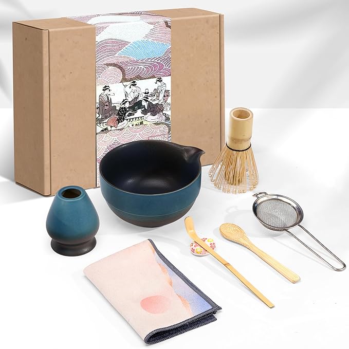 Matcha Whisk Set,includes Matcha Bowl,Matcha Whisk and Holder by Bamboo, Spout, Matcha Sifter Strainer Spoon Scoop Chasen Holder Towel- Perfect Japanese Matcha Set(8 Pcs Blue)