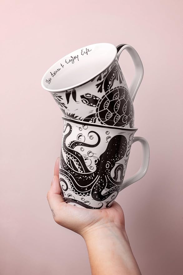 Karma Gifts 14 oz Black and White Boho Mug Celestial - Cute Coffee and Tea Mug - Ceramic Coffee Mugs for Women and Men