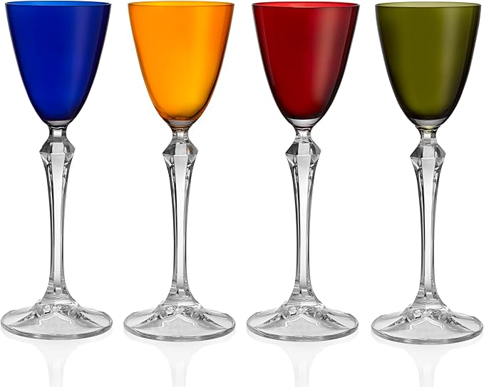 Barski Cordial Glass - Liquor Glass - Set of 4 - Assorted Colored Top - Clear Stem - Cordial Glasses - Sherry Glasses - Shot Glasses - 3 oz. - Made in Europe