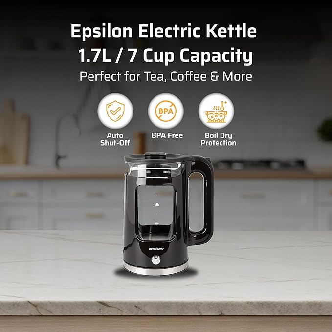 Epsilon 1.7L Glass Electric Kettle – Hot Water Tea Kettle with LED Light, Stainless Steel & Borosilicate Glass, Auto Shut-Off, BPA-Free Electric Teapot, 1500W Fast Boil, Cool Touch