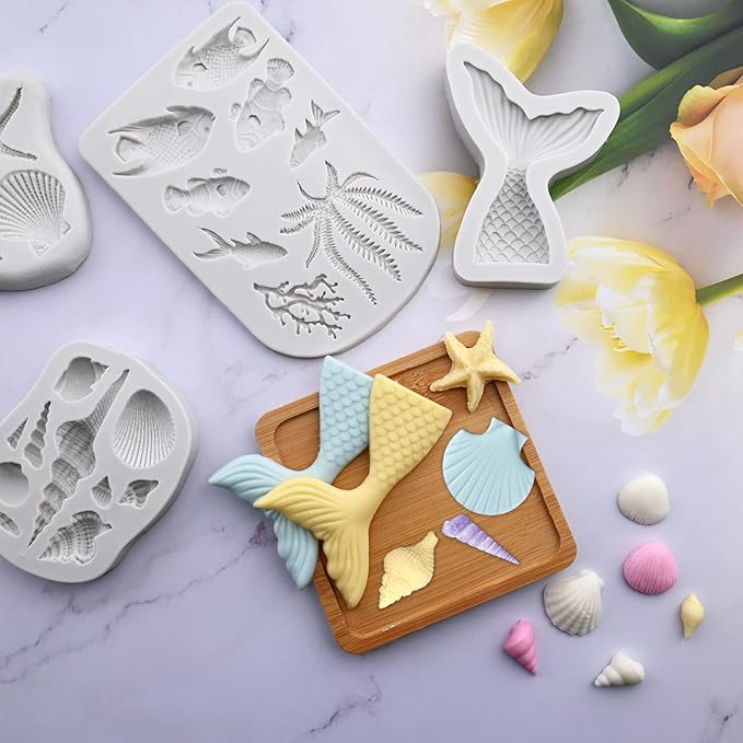 Sakolla Marine Theme Fondant Molds, 4 PCS Mermaid Tail Seashell Conch Starfish Baking Silicone Molds for Cake Decoration Chocolate Soap Crafting