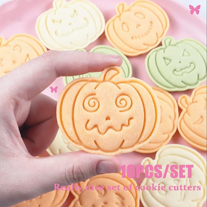 10 Pcs Halloween Cookie Cutters Set with Plunger Stamps, 3D Pumpkin Plastic DIY Cookie Molds for Halloween Party Treat, Baking, Fondant, Cake Decor (F10)