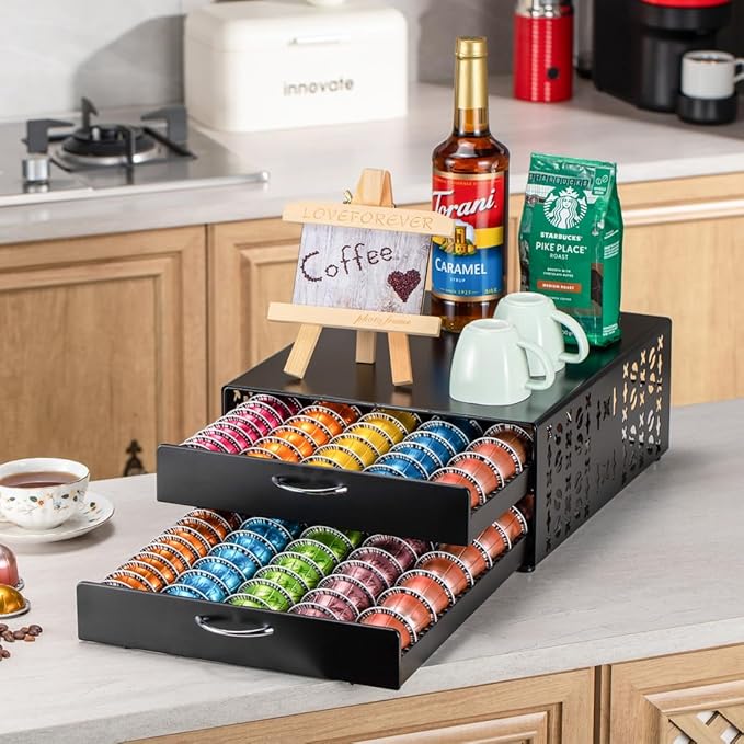 Flagship Vertuo Pod Holder Coffee Storage for Nespresso Organizer - Large Capacity 2 Tier Drawer Fits All Size Vertuo Pods