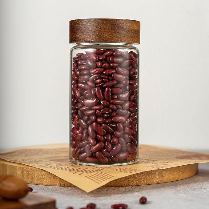2PCS Small Glass Storage Jars with Airtight Lids, 19.3 fl oz (560ml) coffee container with Wooden Lid, Glass Pantry Canister for Beans, Rice, Sugar and etc