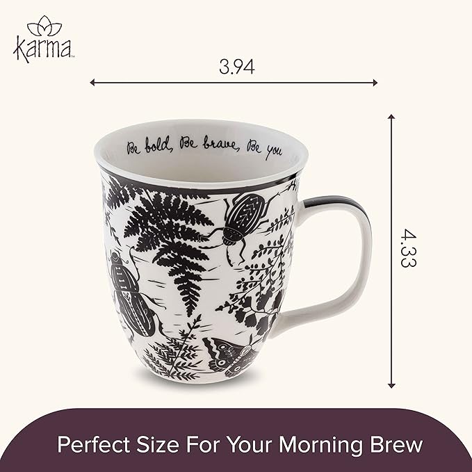 Karma Gifts 16 oz Black and White Boho Mug Beetle - Cute Coffee and Tea Mug - Ceramic Coffee Mugs for Women and Men
