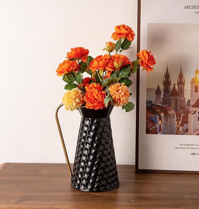 Elegant Black Metal Pitcher Vase, Farmhouse Galvanized Flower Vase, Rustic Decorative Milk Jug for Home Décor