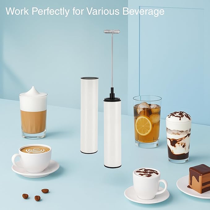 Milk Frother, Rechargeable Battery Operated Frother for Coffee,Portable Drink Mixer with 2 Stainless Steel Whisk Heads,Milk Foamer for Keto Coffee, Latte, Cappuccino, Hot Chocolate,White