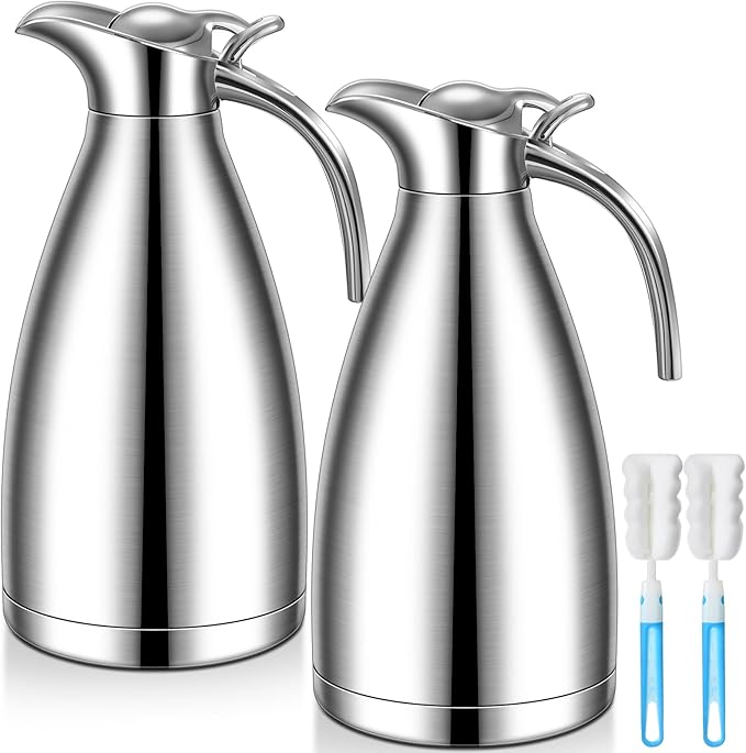 Uiifan 2 Pcs 68 oz Thermal Coffee Carafe Insulated Stainless Steel Coffee Carafe for Hot Liquids Vacuum Thermal Pot Creamer Dispenser with Brushes Keeping Hot Tea Milk Water(Silver)