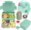 Girl Lunch Bag with 6 Compartment Bento Box with 10oz Thermo- Preppy Green Nylon Insulated Lunch Box Adjustable Strap, Birthday Gift For Girl Kids Teens Travel Picnic School