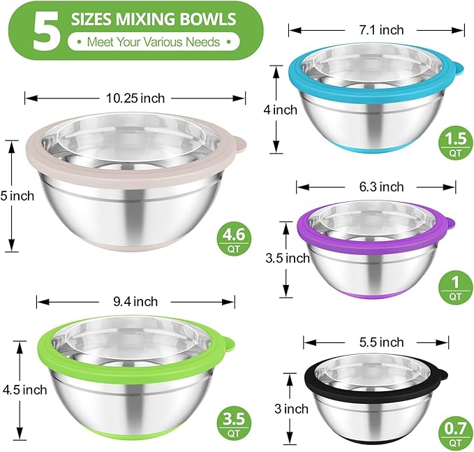TeamFar Mixing Bowls, 5PCS Stainless Steel Serving Salad Bowls with Lids, For Kitchen Mixing/Baking/Storing/Prepping, Visible & Airtight, Non-Slip Bottom - 4.6/3.5/1.5/1 / 0.7 QT, Multi-color