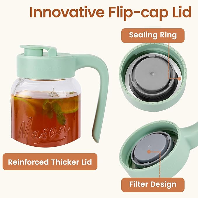 Mason Jar Pitcher with Tea Filter, Airtight & Leakproof Glass Pitcher with Lid, 64 oz Sun Tea Glass Jar for Outside, Perfect for Sun Tea, Lemonade, and iced Tea