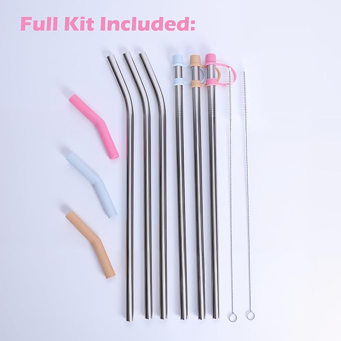 Stainless Steel Straws with covers fit Stanley 40 oz tumbler, Reusable 12 Inch Metal Straw with Silicone Tips & Cover Caps, Compatible with Stanley Quencher H2.0 (6 Pack: 3 Bent + 3 Straight)