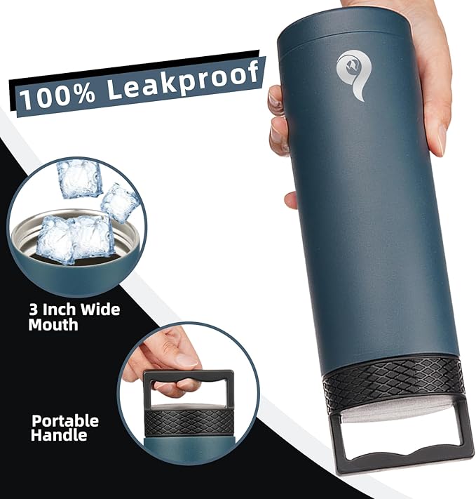 BJPKPK Insulated Water Bottles, Dishwasher Safe 18 oz Water Bottle with Handle, Leakproof BPA Free Water Jug, Stainless Steel Thermos for Sports, Navy Blue