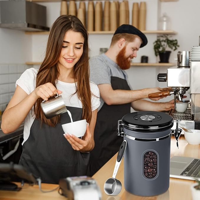 ROCKY&CHAO 2800ML Coffee Canister with Date Tracker&Transparent Window, 35OZ Coffee Container with 30ML Measure Spoon&4 co2 Valve, Coffee Bean Storage Container for Grounds Coffee, Beans, Tea(Gray)