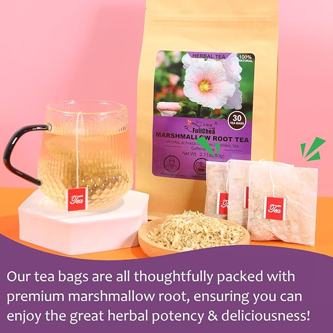 FullChea - Marshmallow Root Tea, 2g X 30 Count - Premium Natural Dried Cut & Sifted Althaea Officinalis - Non-GMO - Caffeine-free - Respiratory Support & Promote Digestion