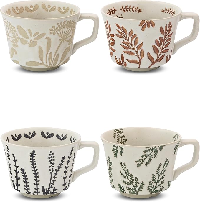 Ceramic Coffee Mug, 12 oz Novelty Unique Teacup with Large Handle, Stoneware Cup for Tea Mocha Latte Cappuccino Espresso (Set of 4, Butterfly Grass Ivy and Leaf)