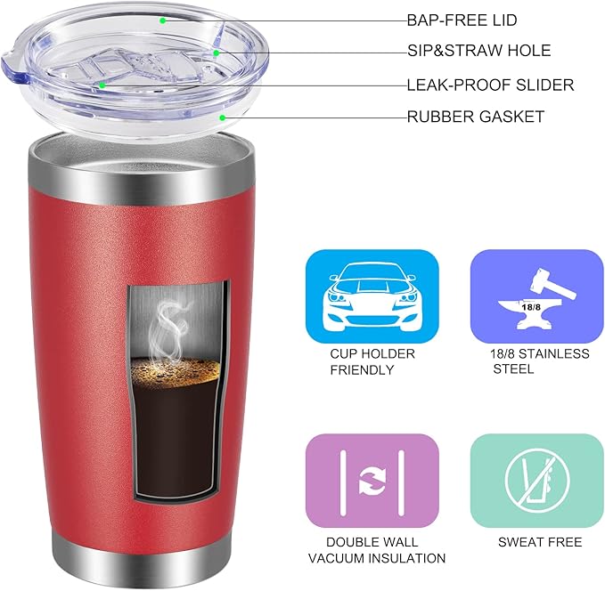VEGOND 20oz Tumbler with Lid and Straw Stainless Steel Tumbler Cup Bulk Vacuum Insulated Double Wall Travel Coffee Mug Powder Coated Coffee Cup(Powder Red 12 Pack