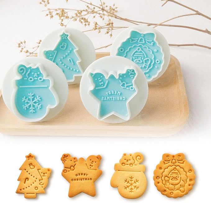 Cookie Stamps Set of 4, Cookie Press Mold, Decorating Supplies for DIY Baking, Cake, Pastry, Easy to Use- Christmas Series