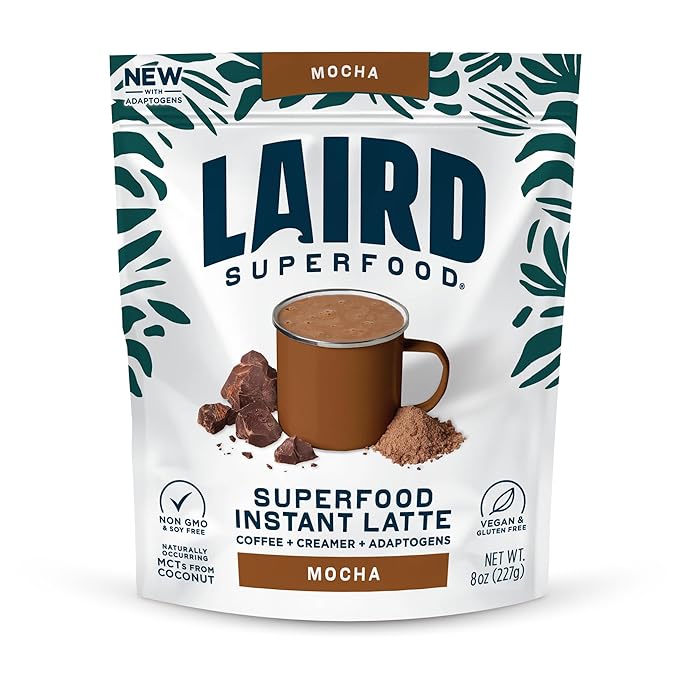 Laird Superfood Mocha Instant Latte with Adaptogens – Mocha Latte packed with Antioxidants and Superfood Coconut Creamer – Boost of Functional Fuel – Gluten Free, Non-GMO, Vegan, 8 oz. Bag, Pack of 1