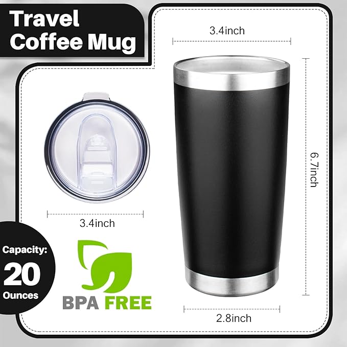 20oz Tumbler with Lid Double Wall Vacuum Insulated Travel Coffee Mug Stainless Steel Thermal Cup Powder Coated Sturdy Coffee Tumbler Bulk for Hot and Cold Beverage (Black,6)
