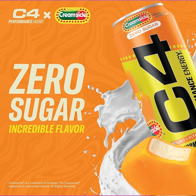 Cellucor C4 Performance Energy Drink | Zero Sugar Carbonated Preworkout Energy | 200mg Caffeine with Beta Alanine | Orange Creamsicle | 16 Fl Oz (24 Pack)