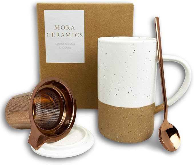Mora 12oz Ceramic Tea Cup with Infuser, Spoon, Lid - Microwave & Dishwasher Safe