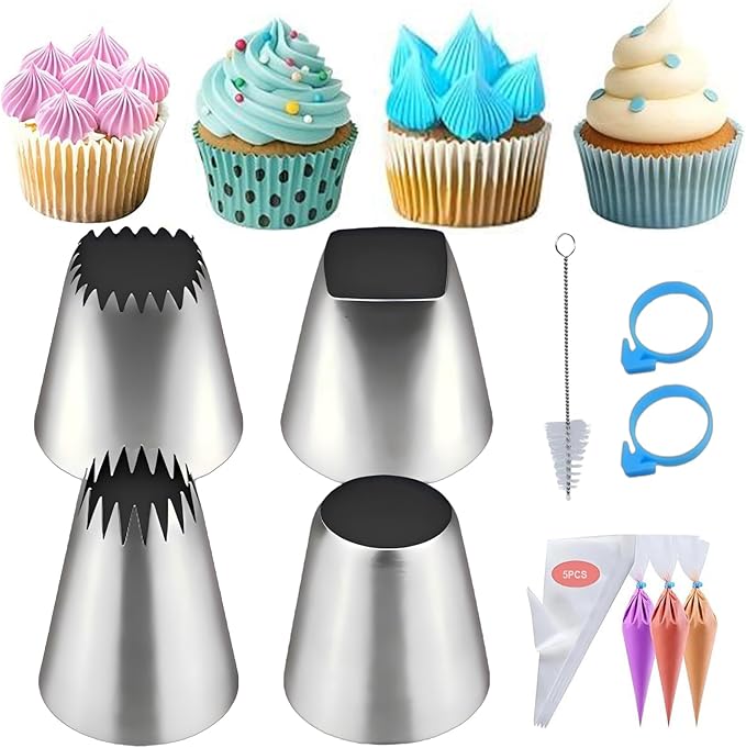 Extra large piping tips set, stainless steel round piping tips,star square wide piping tip jumbo piping tips, Cake DecoratingTips for Cupcakes Pastry Fondant Cakes Decorating （F02 9FT F06 R22L)