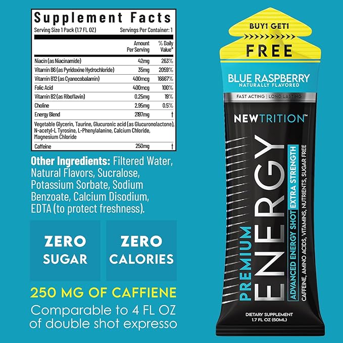 NewTrition® Extra Strength Energy Shots, 1.7 fl oz (Pack of 24, Blue Raspberry flavor) - 250mg Caffeine with Vitamin B & Amino Acids, Sugar-Free, Zero Calorie Vitamin Energy Drink for Focus & Endurance