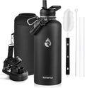 Insulated Water Bottle 87 oz, Triple Wall Vacuum Stainless Steel (Cold for 48 Hrs), Leak Proof & Non-BPA, Modern Water Flask Jug with Paracord Handle & Straw Spout Lids, Magic Black