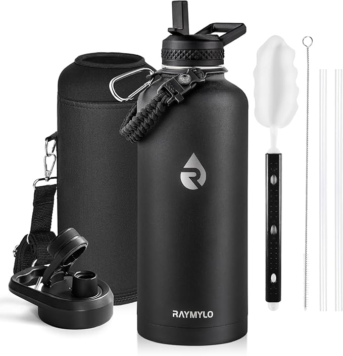 Insulated Water Bottle 87 oz, Triple Wall Vacuum Stainless Steel (Cold for 48 Hrs), Leak Proof & Non-BPA, Modern Water Flask Jug with Paracord Handle & Straw Spout Lids, Magic Black