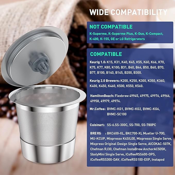 K Cup Reusable Coffee Pods, Stainless Steel Reusable K Cups Coffee Filter Compatible for Keurig 1.0 & 2.0 Coffee Makers, Non-BPA Stainless Steel Reusable K Cup(1 pack)