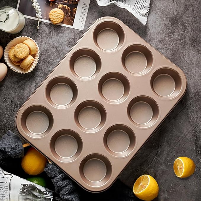 12-Cup Muffin Pan Tin for Baking, 2 Packs Nonstick Cupcake Pan Tin, Cup Cake Tray, Cheesecake Pans, Gold