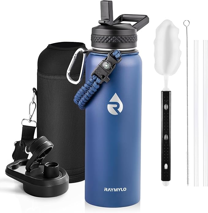 Insulated Water Bottle 40 oz, Triple Wall Vacuum Stainless Steel (Cold for 48 Hrs), Leak Proof & Non-BPA, Modern Water Flask Jug with Paracord Handle & Straw Spout Lids, Navy Blue