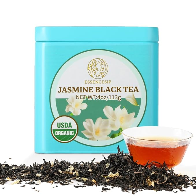 Essencesip Jasmine Black Tea - Floral Twist on Classic English Breakfast Style, 4oz Organic Loose Leaf tea in Reusable Tin