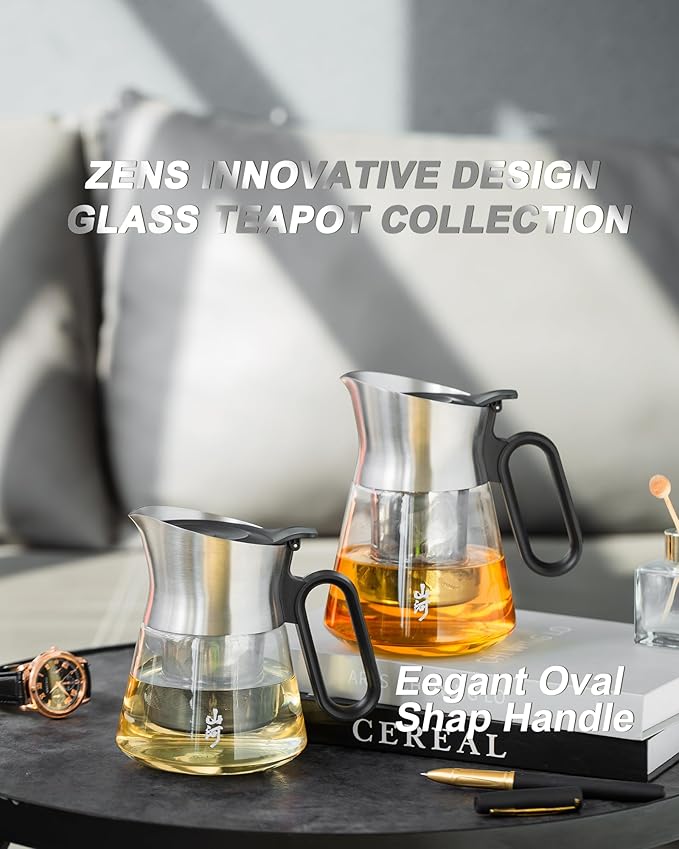 ZENS 17 oz Small Glass Teapot with Infuser, Design Loose Leaf Teapot with Stainless Steel Spout for Hot Tea Steeper, Oval Handle Clear Tea Pot Infusers Loose Tea Maker for Lovers Gifts