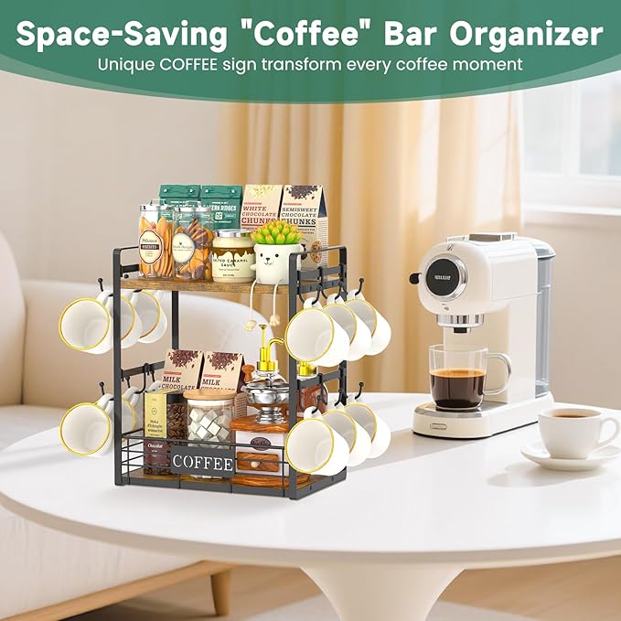 EsLuker.ly Coffee Bar Station Organizer Mug Cup Holder Stand for Countertop, Multi-Functional 2 Tier Mug Tree Rack for Kitchen, Storage Shelf with 12 Removable Hooks, Coffee Nook Enhancer