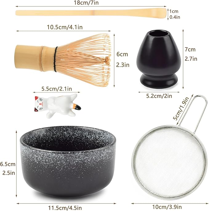 Matcha Whisk Set, Matcha Tea Set Included Matcha Bowl, Bamboo Matcha Whisk, Scoop, Matcha Whisk Holder, Spoon Stand, Matcha Sifter, Japanese Matcha Set for Beginners, Black