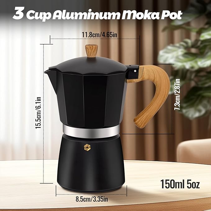 3 Cup Aluminum Moka Pot Classic Stovetop Espresso Coffee Maker 150ml 5oz Coffeemaker Percolator Mocha Pot Greca Coffee Maker Cafe Makers for Italian and Cuban Café Brewing Black