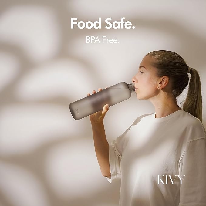 KIVY Slim Water Bottle 32oz [Lightweight & Shatterproof] Fits Backpack & Cupholder for Travel, Sports, School - Beige water bottle no straw - Cute aesthetic water bottles screw top - Dishwasher Safe