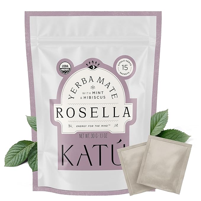 Katú Rosella Teabags, Premium Organic Yerba Mate Tea with Hibiscus, Peppermint, and Stevia Leaves, Vibrant Floral Twist, Natural Energy, 15 Satchets