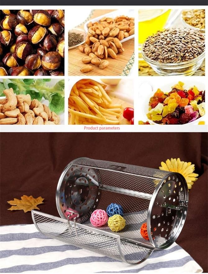 Falytemow 12 x 18 cm Stainless Steel Rotisserie Grill Roaster Drum Oven Basket Oven Roast Baking Rotary for Peanut Dried Nut Coffee Beans BBQ
