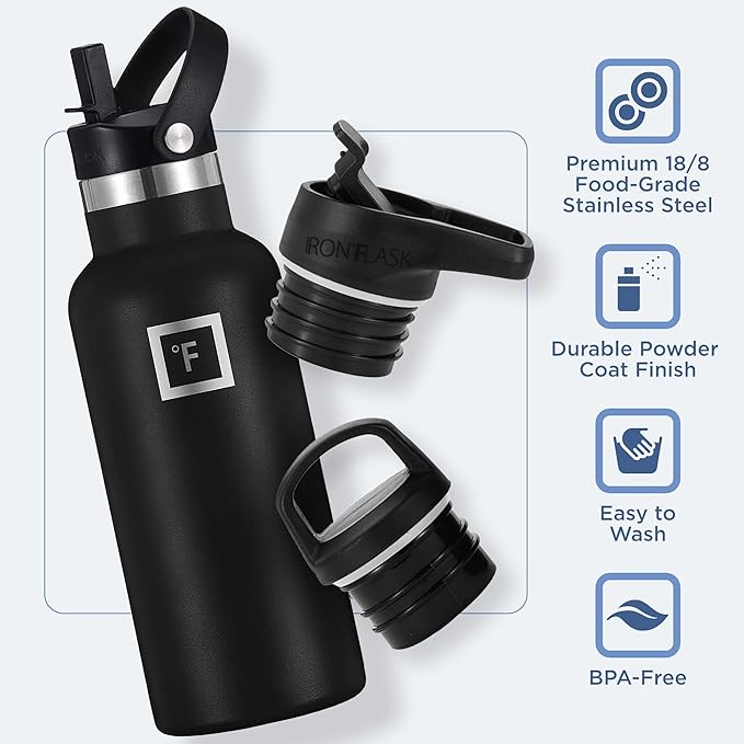 IRON °FLASK Camping & Hiking Hydration Canteens - 3 Lids (Narrow Straw Lid) Leak Proof Vacuum Insulated Stainless Steel - Hot & Cold Double Walled Sports Water Bottle - Bubble Gum, 16 Oz