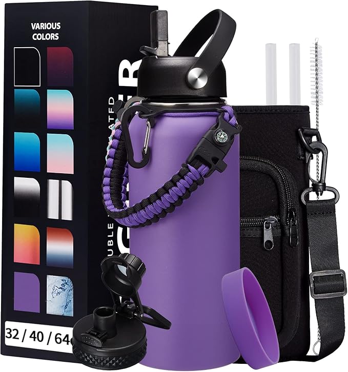 32 oz Water Bottles with Straw & Spout Lid, Paracord Handle & Strap, Double Wall Insulated Flask Water Bottle, Reusable Wide Mouth Gym Water Bottles for Women and Men for Fitness Sports