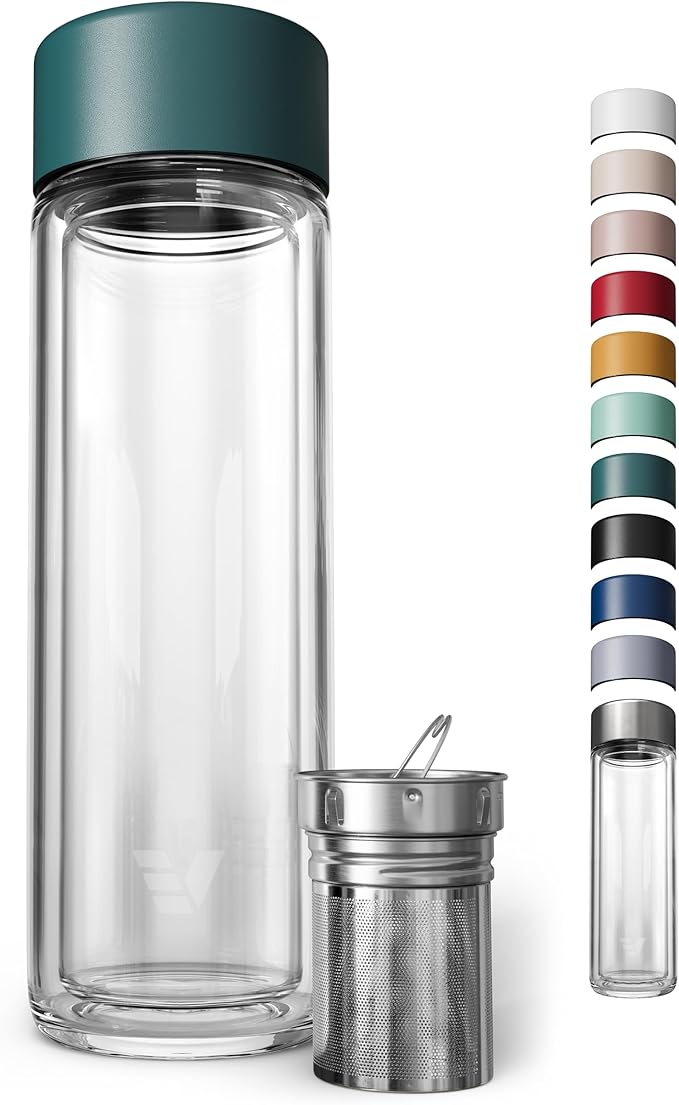 Glass Multi Tea Infuser Bottle 14oz - Double Wall Borosilicate Glass Flask | No Plastic Touches Contents | Perfect for Office or Home - Dark Green