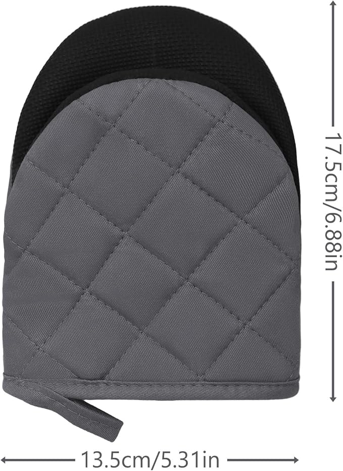 1 Pair Short Oven Mitts, Heat Resistant Silicone Kitchen Mini Oven Mitts for 500 Degrees, Non-Slip Grip Surfaces and Hanging Loop Gloves, Baking Grilling Barbecue Microwave Machine Washable