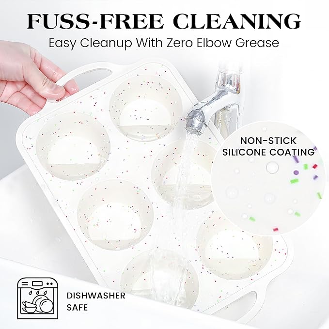 2 Pcs Jumbo Muffin Pan with Metal Frame, Nonstick 6 Cup Extra Large Cupcake Pan for Baking, Silicone Deep Muffin Tray for Egg Bites (Cream)
